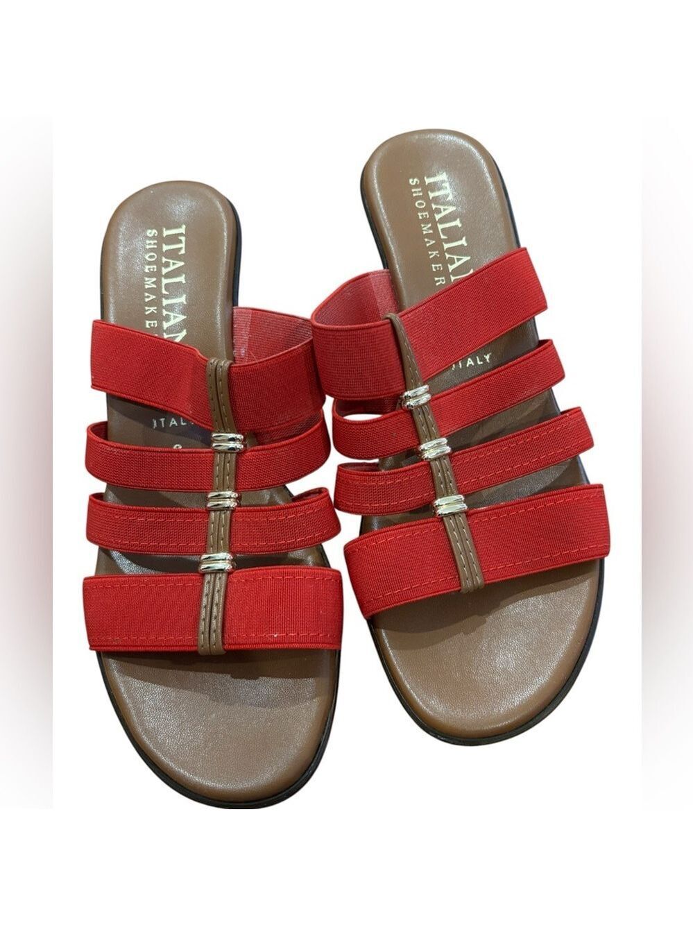 Y2K ITALIAN SHOEMAKERS RED ELASTIC MULTI-STRAP SLIDE MULES W BROWN PLATFORM SZ 8